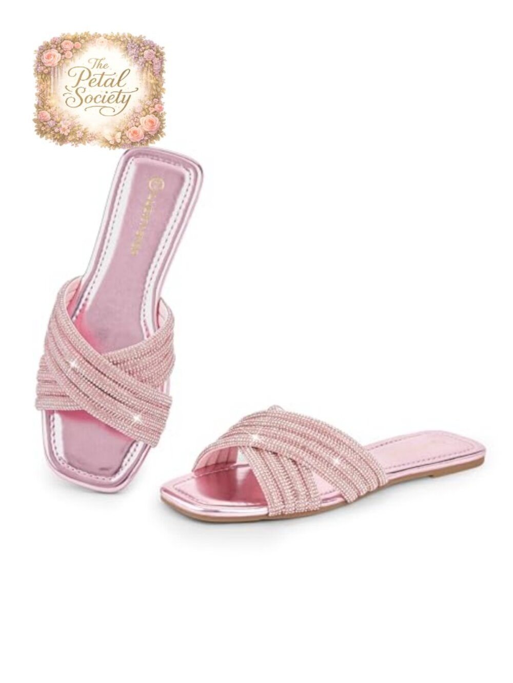 Rhinestone Slide Sandals Square Open Toe Slip On Flat Casual Summer